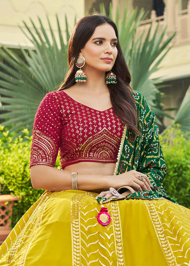 Yellow and Maroon Embroidered Lehenga