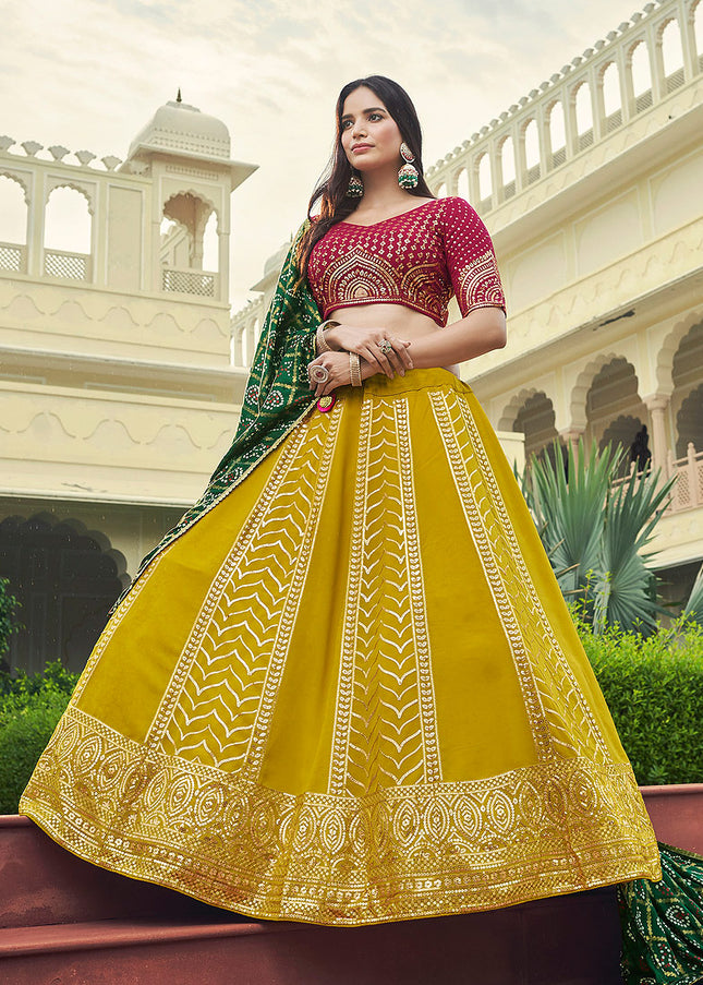 Yellow and Maroon Embroidered Lehenga