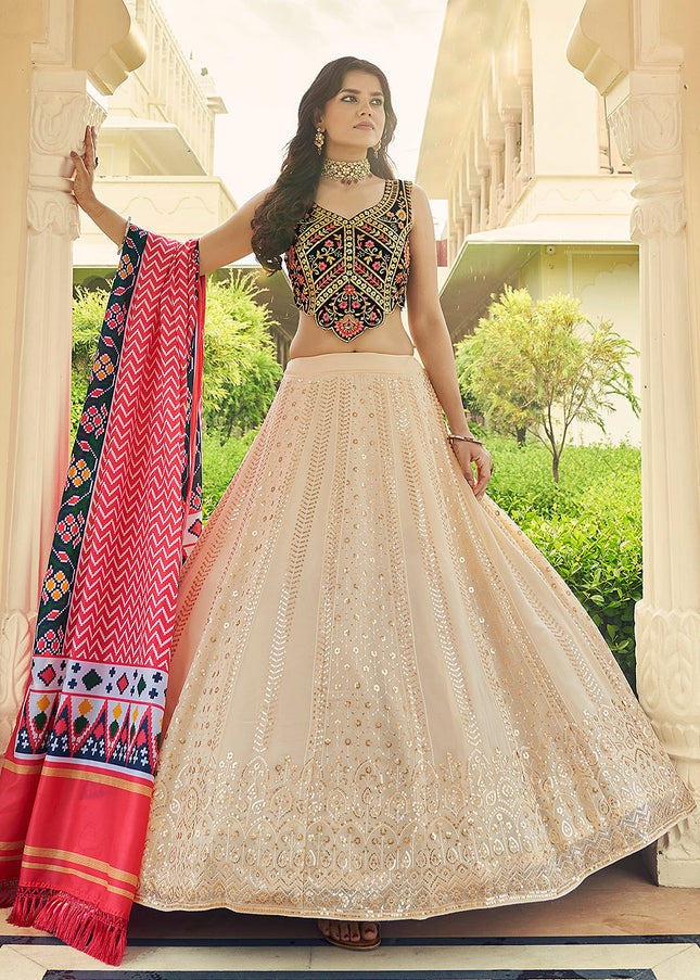 Light Beige and Black Embroidered Lehenga