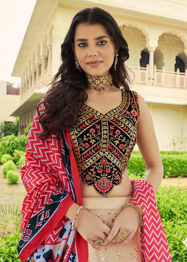 Light Beige and Black Embroidered Lehenga