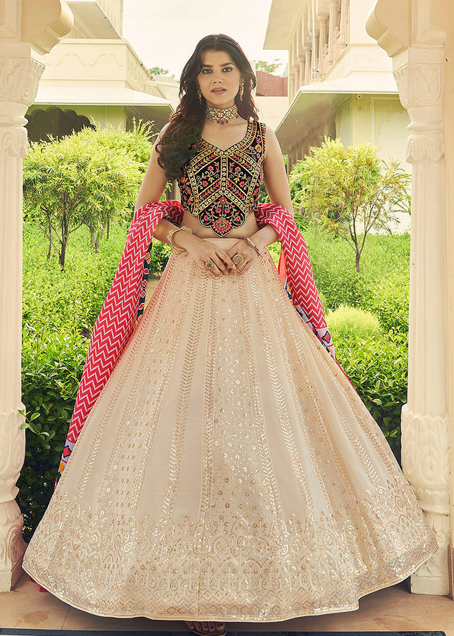 Light Beige and Black Embroidered Lehenga