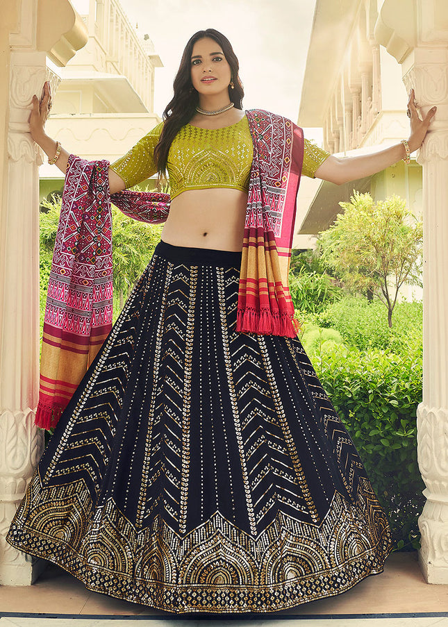 Black and Green Embroidered Lehenga