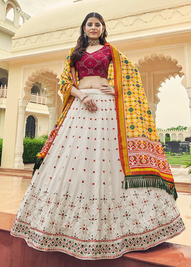 White and Red Embroidered Lehenga