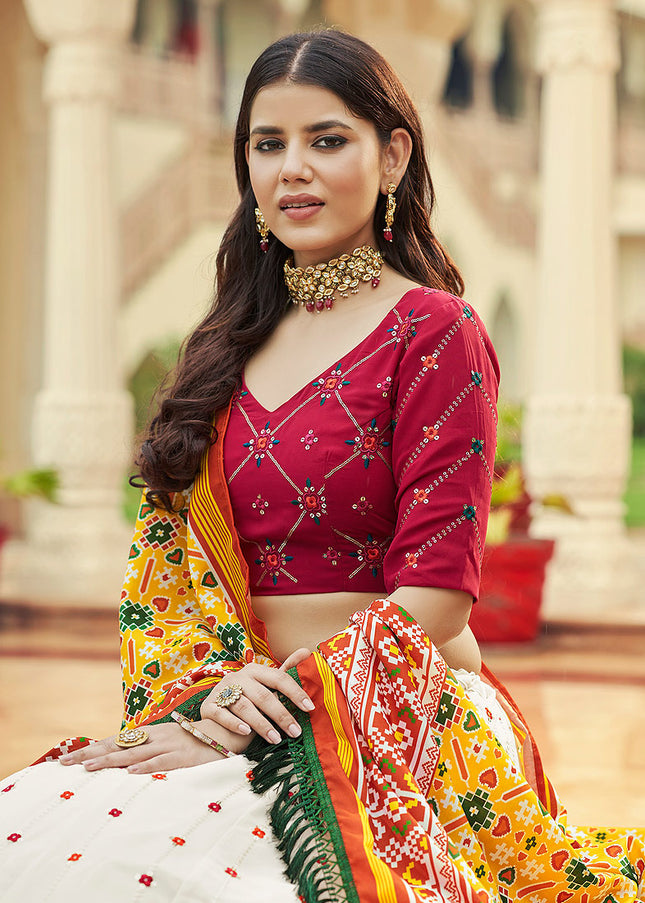 White and Red Embroidered Lehenga