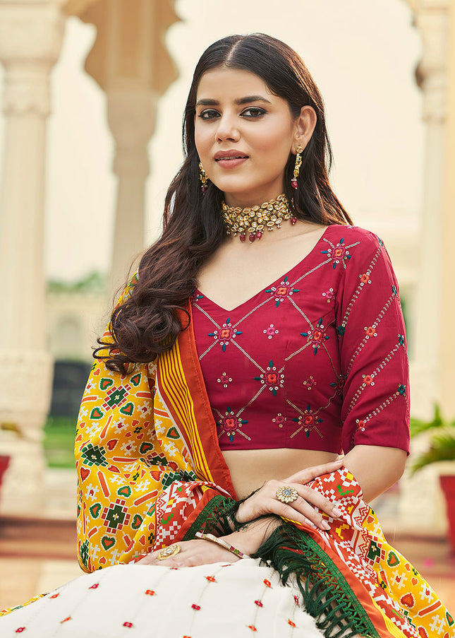 White and Red Embroidered Lehenga