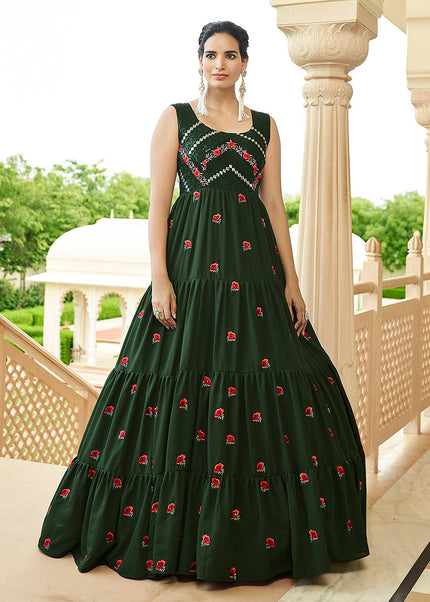 Olive Green Embroidered Anarkali Gown