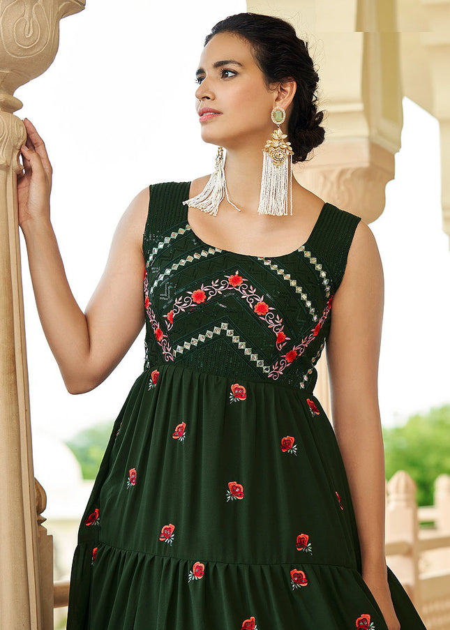 Olive Green Embroidered Anarkali Gown