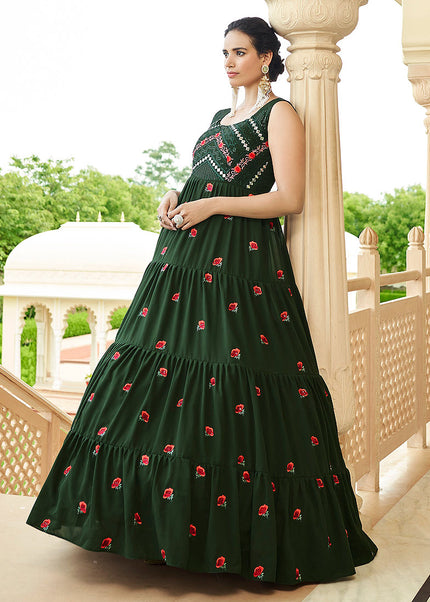 Olive Green Embroidered Anarkali Gown