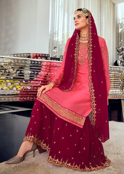 Pink and Red Embroidered Palazzo Suit