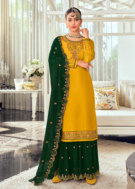 Yellow and Green Embroidered Palazzo Suit