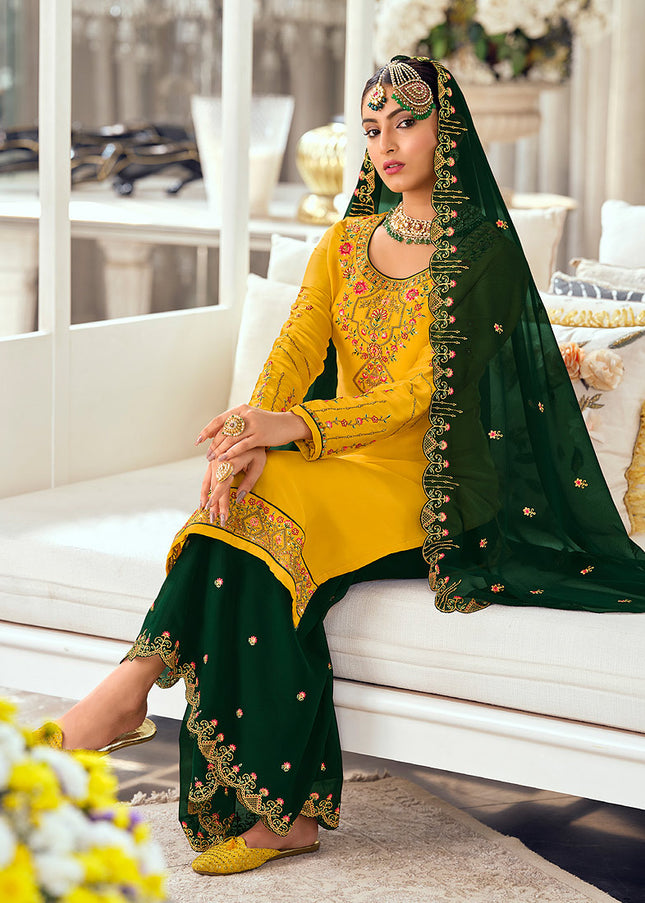 Yellow and Green Embroidered Palazzo Suit