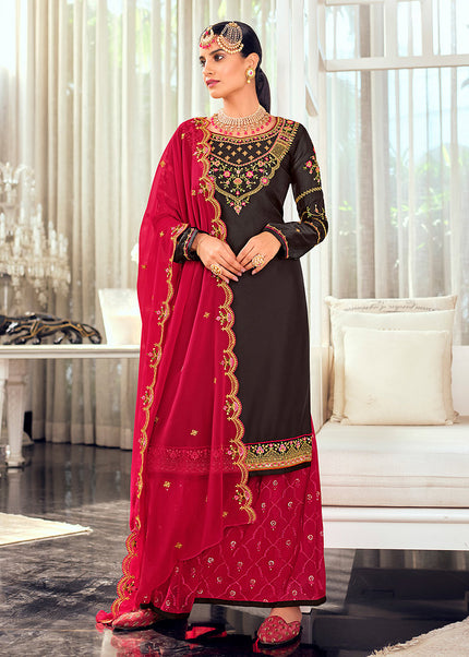 Grey and Red Embroidered Palazzo Suit
