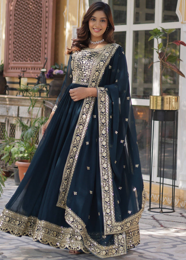 Teal Embroidered Anarkali Gown