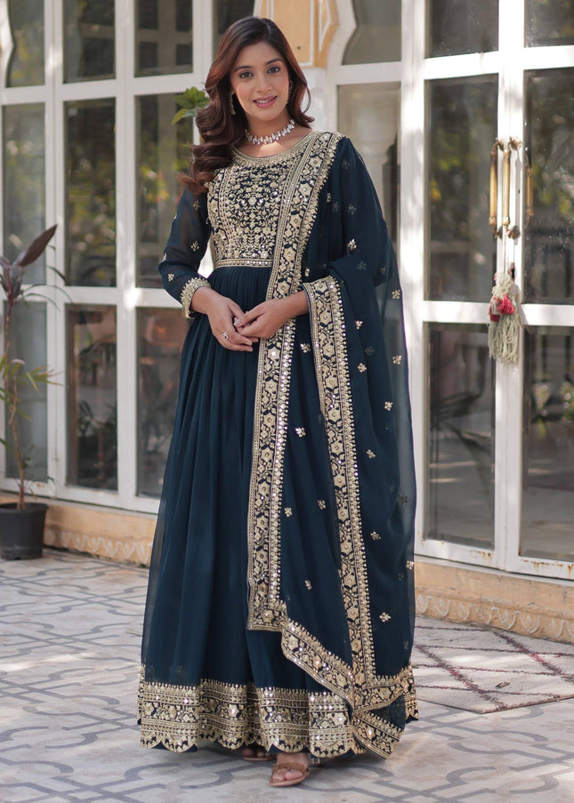 Teal Embroidered Anarkali Gown