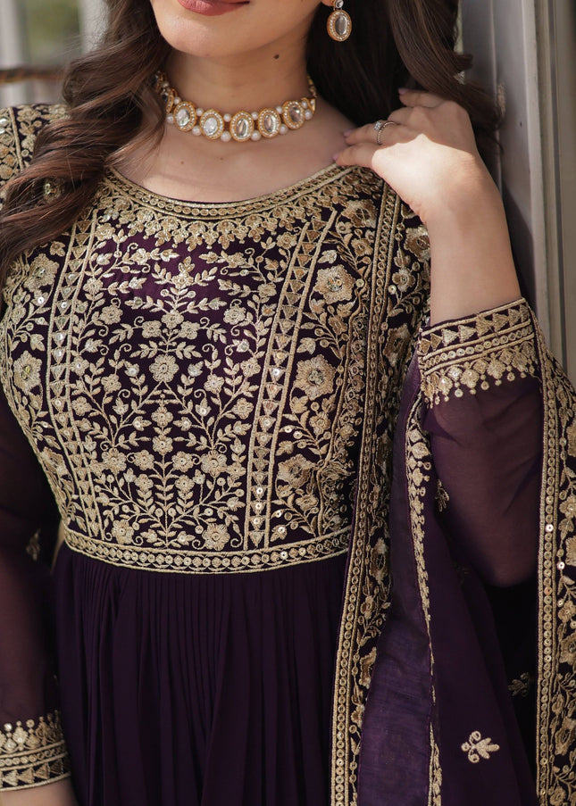 Purple Embroidered Anarkali Gown