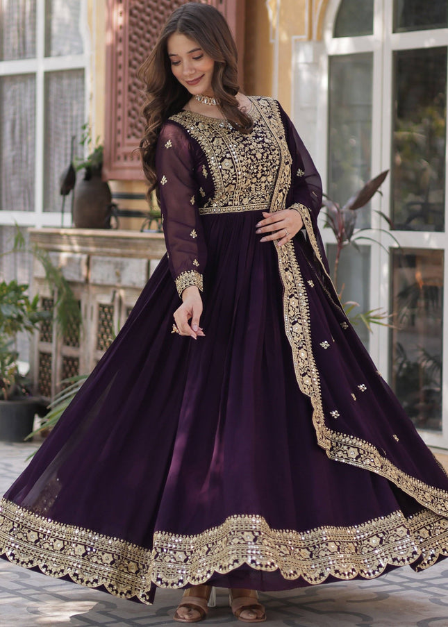 Purple Embroidered Anarkali Gown