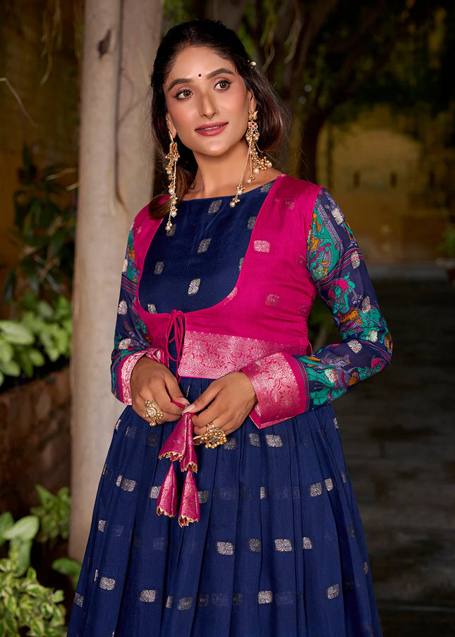 Navy Blue and Pink Printed and Embroidered Jacket Style Anarkali Gown