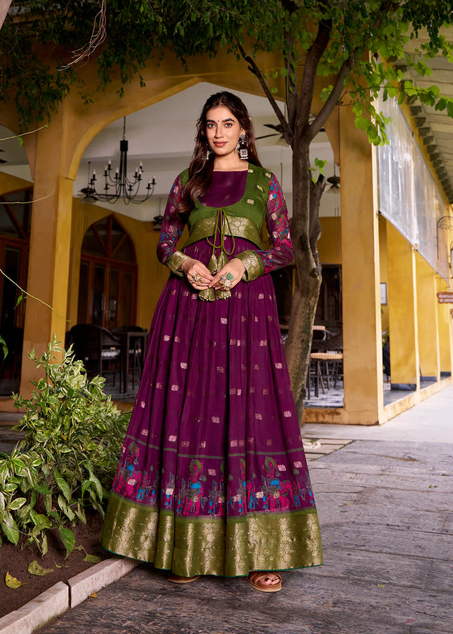 Purple and Green Printed and Embroidered Jacket Style Anarkali Gown