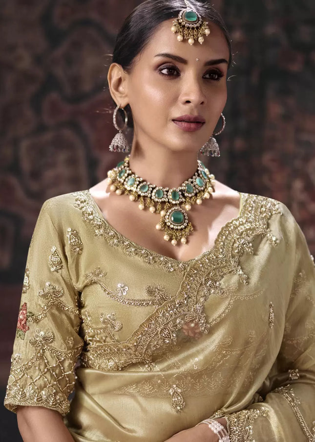 Beige Embroidered Wedding Saree