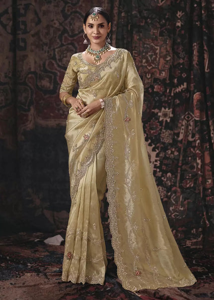 Beige Embroidered Wedding Saree