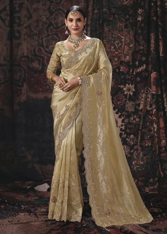 Beige Embroidered Wedding Saree