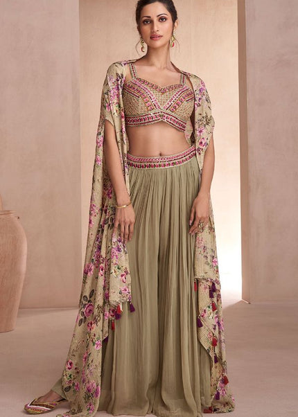 Green  Multicolor  Embroidered Jacket Style Sharara Suit