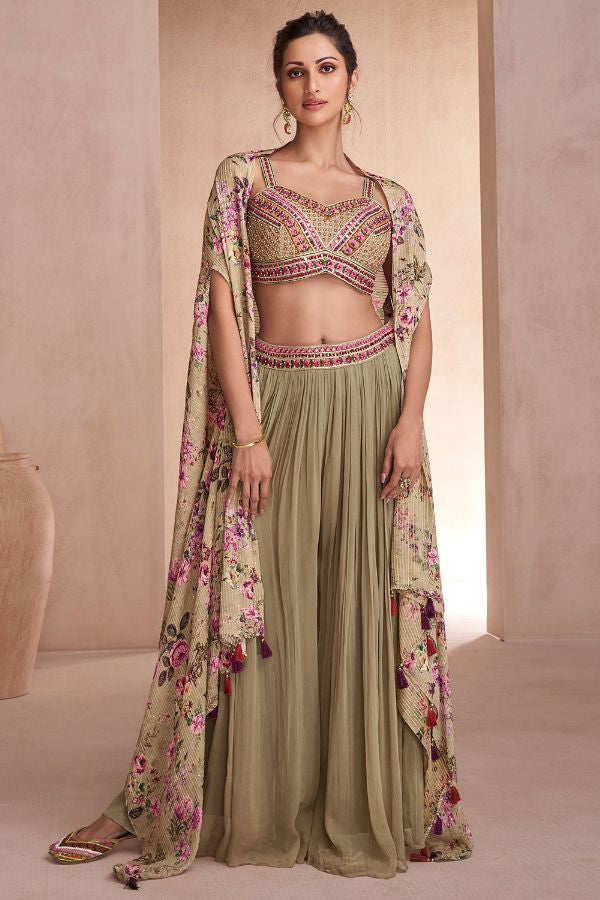 Green  Multicolor  Embroidered Jacket Style Sharara Suit