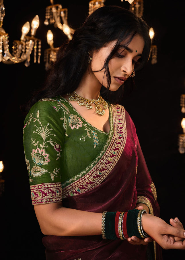 Maroon and Green Embroidered  Wedding Saree