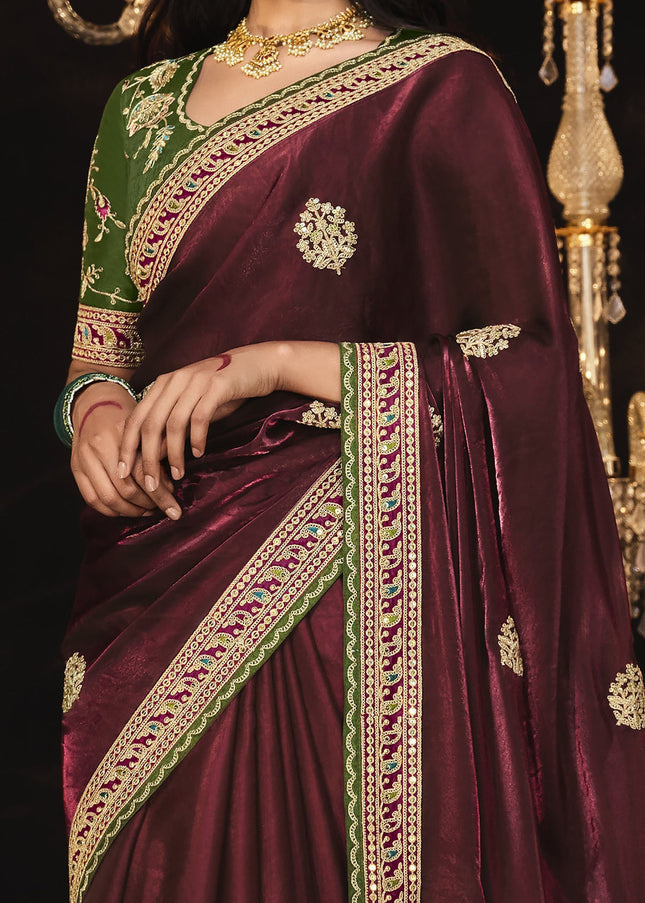 Maroon and Green Embroidered  Wedding Saree