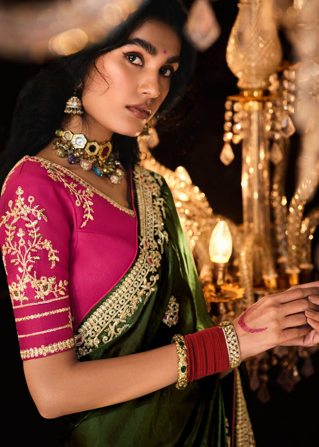 Green and Pink Embroidered  Wedding Saree