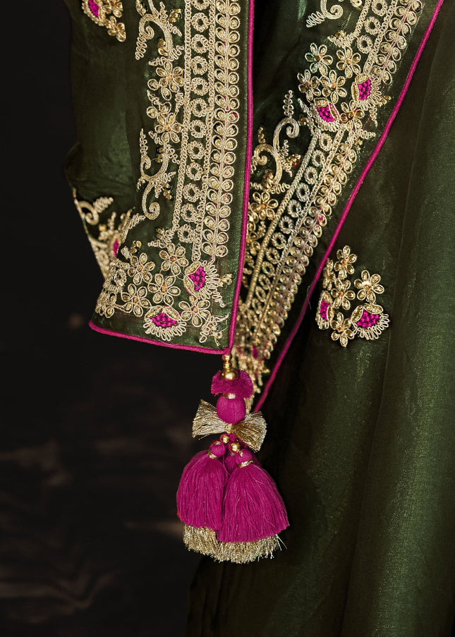 Green and Pink Embroidered  Wedding Saree