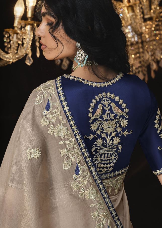Cream and Blue Embroidered  Wedding Saree