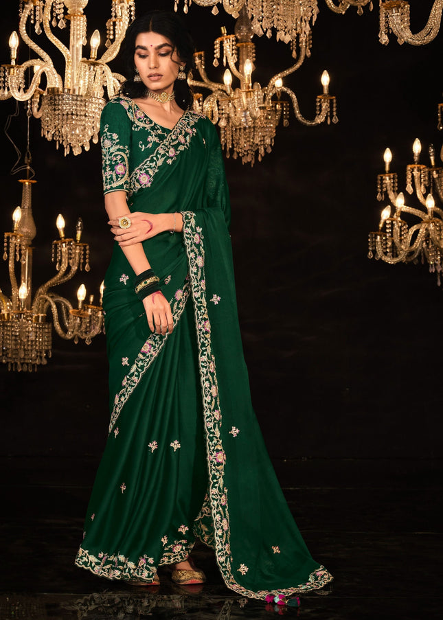 Dark Green Embroidered  Wedding Saree