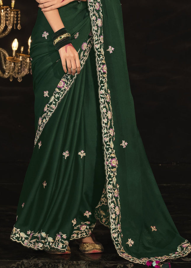 Dark Green Embroidered  Wedding Saree