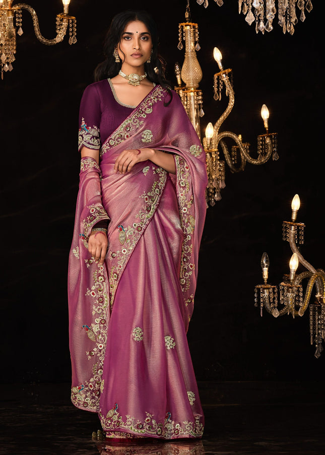 Pink and Maroon Embroidered  Wedding Saree