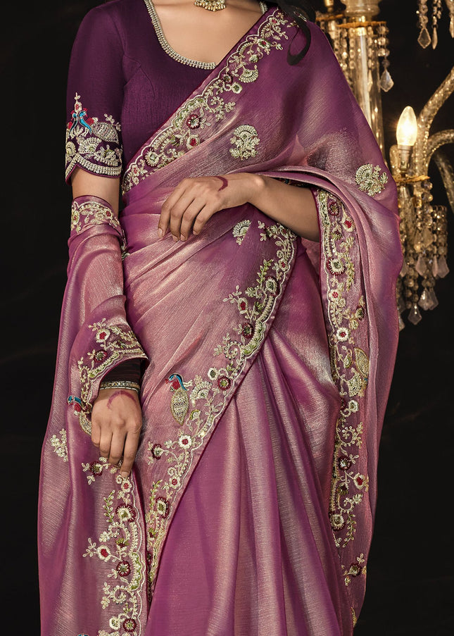 Pink and Maroon Embroidered  Wedding Saree