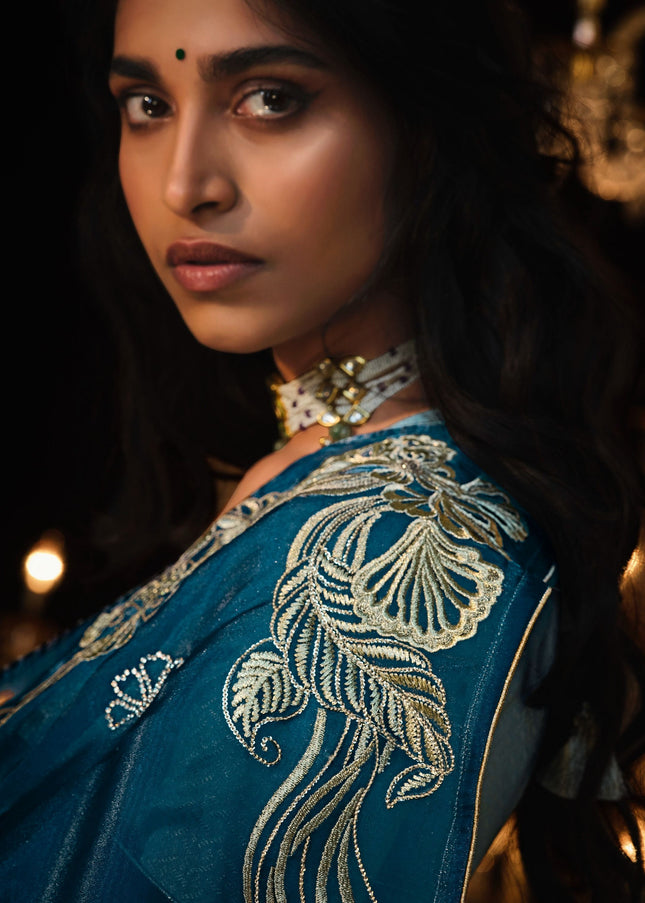 Blue and Aqua Embroidered  Wedding Saree