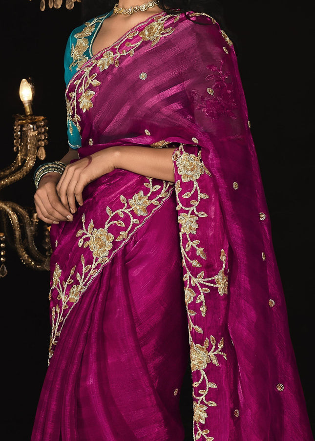 Pink and Blue Embroidered  Wedding Saree