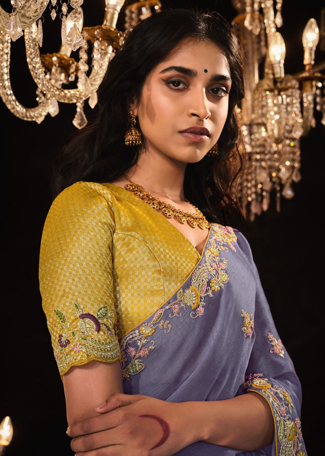 Purple and Yellow Embroidered  Wedding Saree