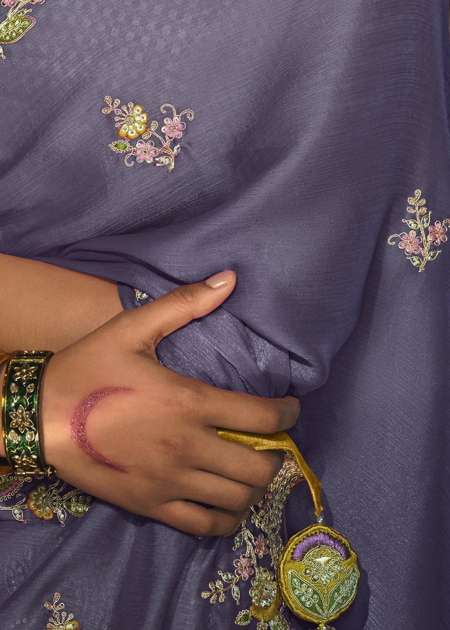 Purple and Yellow Embroidered  Wedding Saree