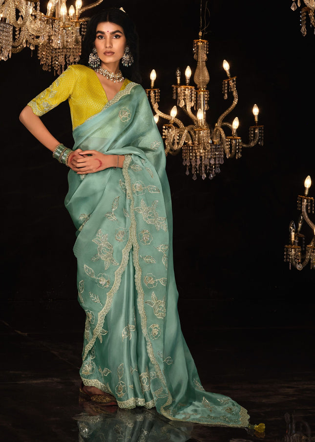Sky Blue and Yellow Embroidered  Wedding Saree