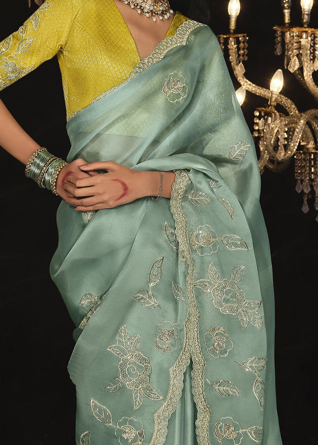 Sky Blue and Yellow Embroidered  Wedding Saree