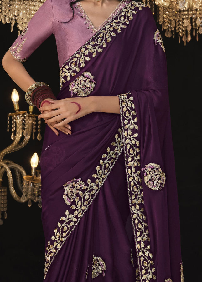 Purple and Pink Embroidered  Wedding Saree