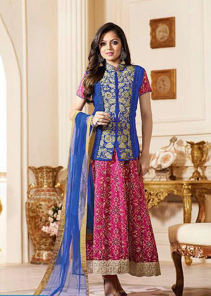 Pink and Blue Embroidered Jacket Style Anarkali