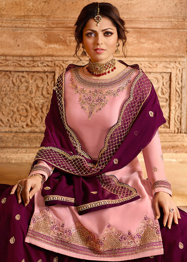 Light Pink and Purple Embroidered Lehenga/ Straight Suit