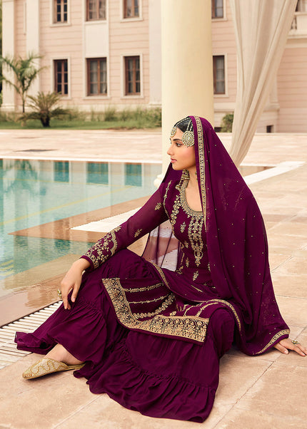 Magenta and Gold Embroidered Sharara Suit