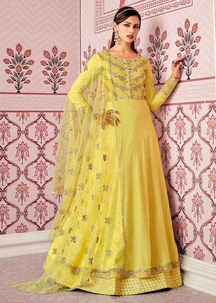Yellow Floral Embroidered Anarkali