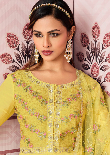 Yellow Floral Embroidered Anarkali