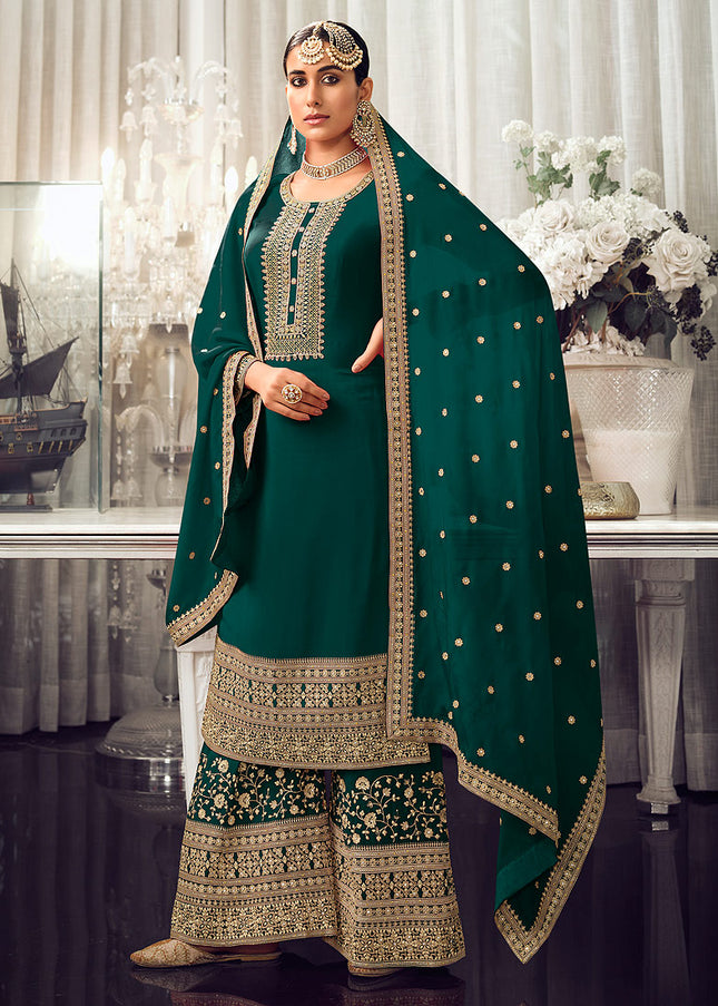 Green and Gold Embroidered Palazzo Suit