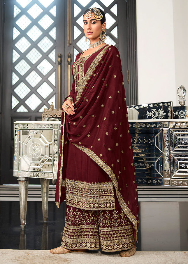 Maroon and Gold Embroidered Palazzo Suit